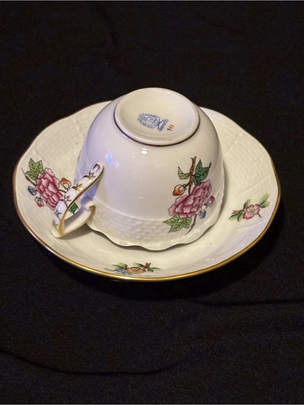 Vintage Herend ETON Demitasse Porcelain Teacup and Saucer. Pink Floral Pattern